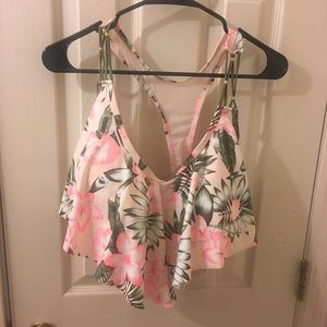 Pink and green floral flounce bikini top